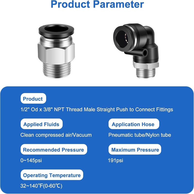 cnaodun 12 Pcs Push to Connect Fittings 1/2 Inch Tube OD x 3/8 Inch NPT Thread Pneumatic Male Straight and Elbow Quick Connect Air line fittings - Image 2